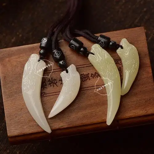 新疆白玉狼牙吊坠男士项链霸气真狼牙白玉吊坠男女款潮人饰品y绳子款