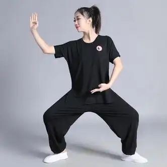 太极门女士黑色太极服短袖夏太极舞蹈表演服武术练功服女运动服 黑色