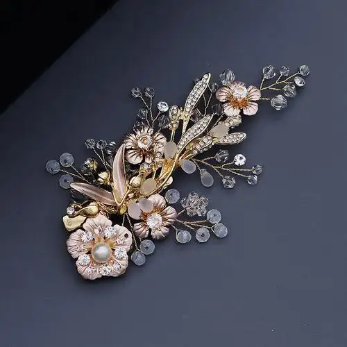 磨砂水晶珍珠边夹复古宫廷风金色花朵发夹气质森系新娘发卡头饰品