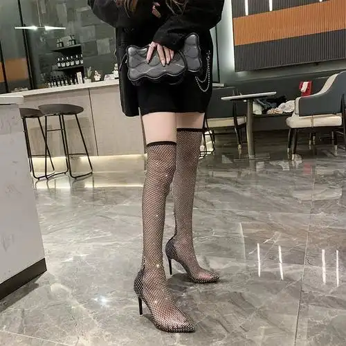 bling水钻镂空百搭显瘦高跟鞋女夏炸街辣妹欧美细跟长筒网靴时尚