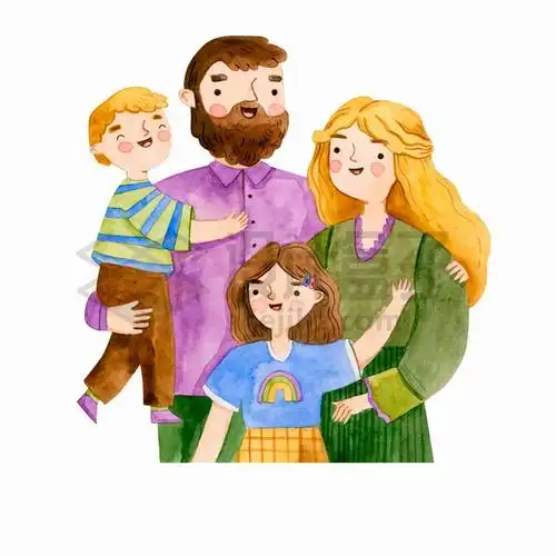 爸爸妈妈儿子女儿幸福的一家四口水彩插画png图片素材