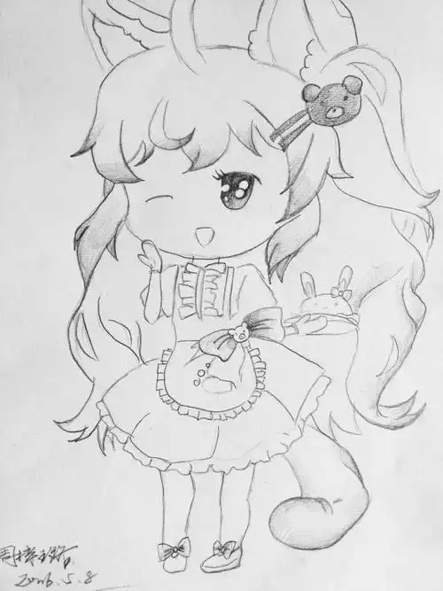兔耳女仆少女 线稿 周梓路画