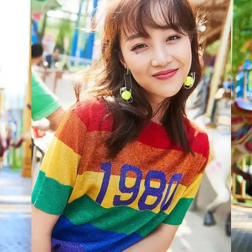 0261186118#蓝盈莹明星同款亮丝短袖针织衫夏季彩虹金丝条纹数字