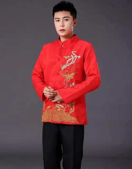 大合唱演出服成人男装刺绣中山装二胡民乐演奏服主持人表演服 红色男