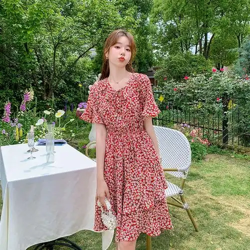 雪纺裙子中长款韩版蛋糕裙收腰显瘦喇叭袖实拍9567碎花连衣裙夏装