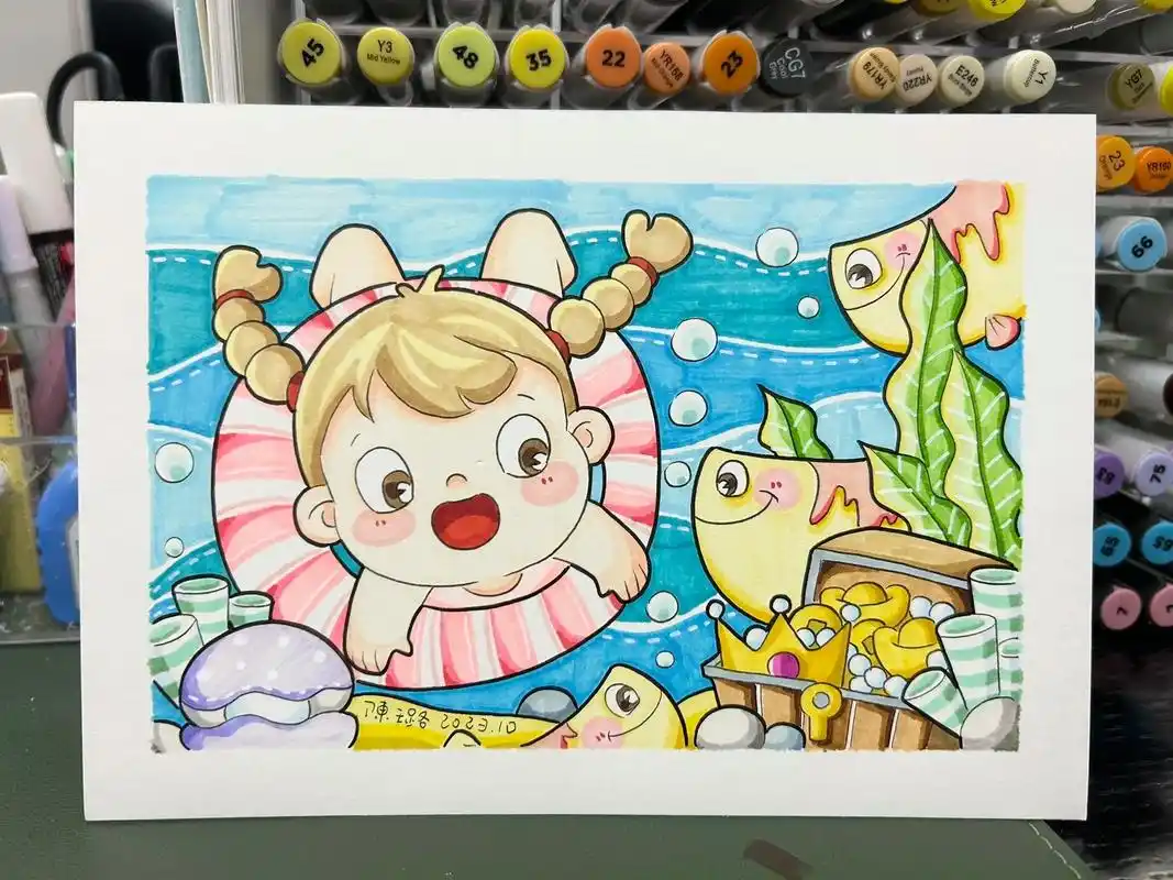 儿童画——游泳的小朋友.#一起学画画 #儿童画 #爱画画的孩 - 抖音