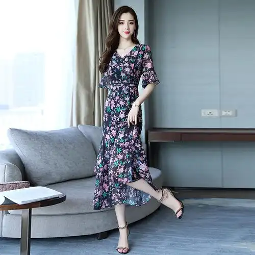 女士夏款新品女装韩版时尚气质显瘦印花连衣裙显瘦不规则蛋糕裙潮