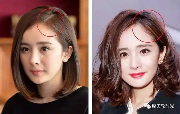 你就会发现:她的头发分界处是在发际线最低的位置,用两边的碎发遮住了