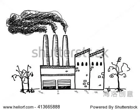 工厂污染,手绘涂鸦向量插图厂房的黑烟出来的烟囱.