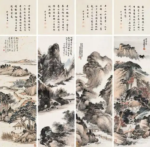 四景山水立轴四屏设色纸本