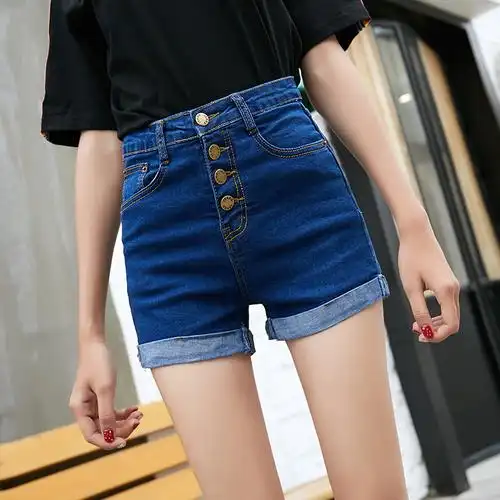 2019夏季新款超薄短裤牛仔高腰显瘦排扣显瘦女士翻边简约百搭款式