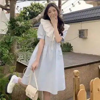 snhn大学生夏季连衣裙女气质学生初高中女生裙子大童夏装浅蓝色s码