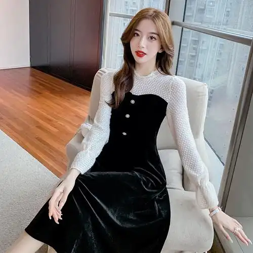 金丝绒蕾丝假两件拼接连衣裙女秋冬赫本风小黑裙子 - 女装/女士精品 -