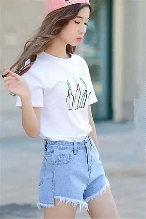 经典百搭白色高腰牛仔短裤女夏季韩版前短后长学生大码毛边宽松超短裤