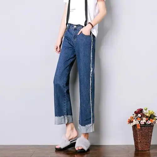 薄款牛仔裤女学生新款韩版宽松九分阔腿裤高腰直