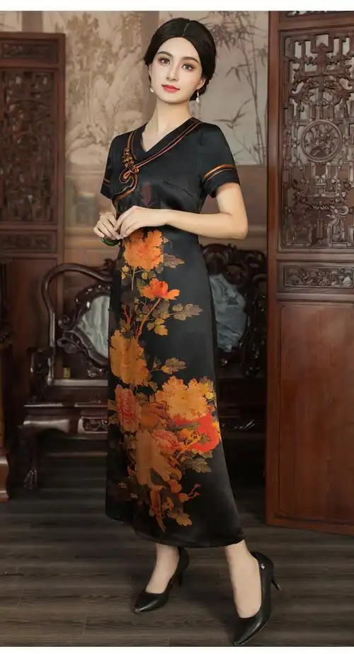 华族经典真丝桑蚕丝高端香云纱定位花妈妈传统旗袍女夏季长款短袖120