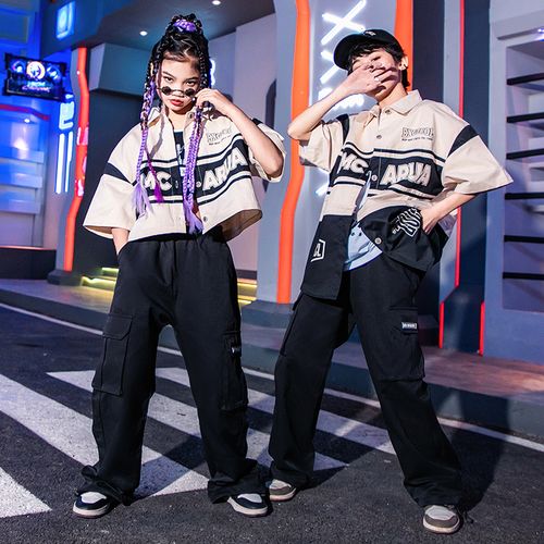 夏季儿童街舞汇演hiphop演出服男女童嘻哈机车风拼色衬衫炸街套装