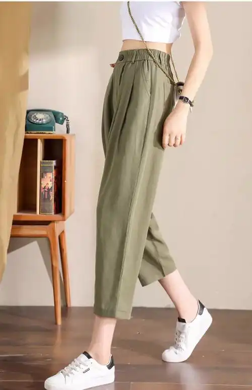 卡其色天丝亚麻裤子女夏季薄款显瘦小个子九分夏天透气棉麻哈伦裤 - 1
