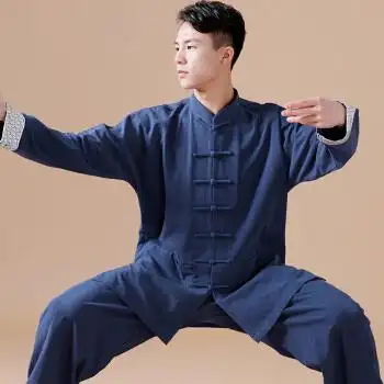 2018 亚麻绉太极服男中国风武术服翻袖表演服太极拳服练功服晨练 藏青