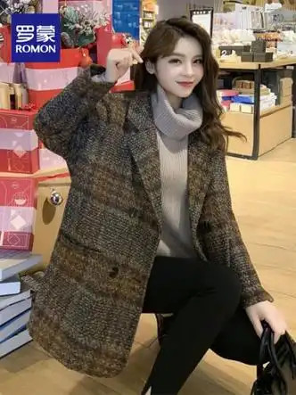 罗蒙(romon)2023新款毛呢大衣女毛呢格子中长款秋季流行宽松呢子 咖啡