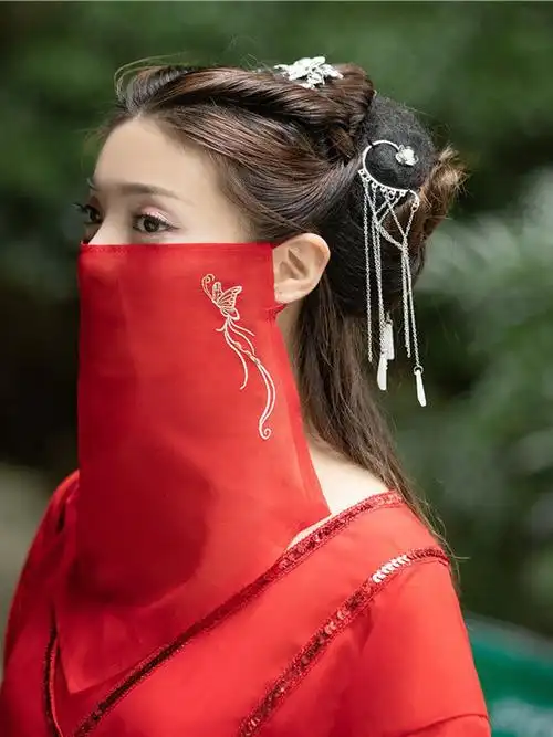 趣仕达新品面纱新款百搭日常古风刺绣花面纱复古代汉服遮脸挂耳超仙