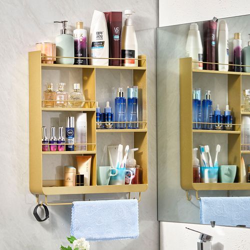 卫生间化妆品置物架壁挂墙上金色铁艺创意洗脸洗手台收纳架免打孔