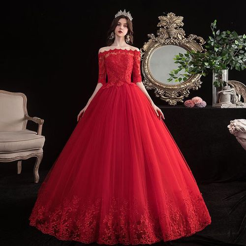 nasalike高端甄选婚纱新娘主纱红色一字肩红色婚纱礼服新娘结中轴冬天