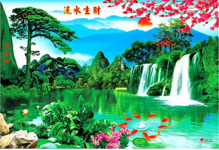 包邮画山水风景瀑布海报大学生宿舍寝室无背胶墙贴 流水生财 7983