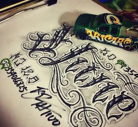 奇卡诺手写字体纹身图片手稿插画欧美字符奇卡诺花体字纹身图案