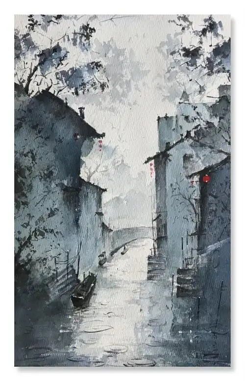 水彩风景 装饰画 江南烟雨