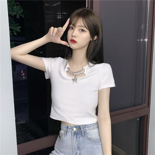 高腰t恤女短袖纯色修身显瘦韩版学生心机短款露肚脐上衣服ins风潮白色