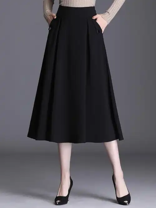 2020新款黑色垂感半身裙女秋冬中长款伞裙高腰百褶毛呢a字中长裙