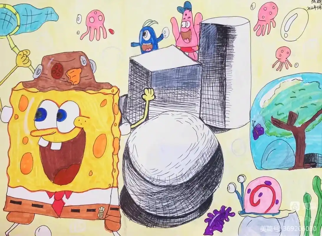 海绵宝宝的快乐,分享7-9岁学生作品.#一起学画画 #少儿美 - 抖音