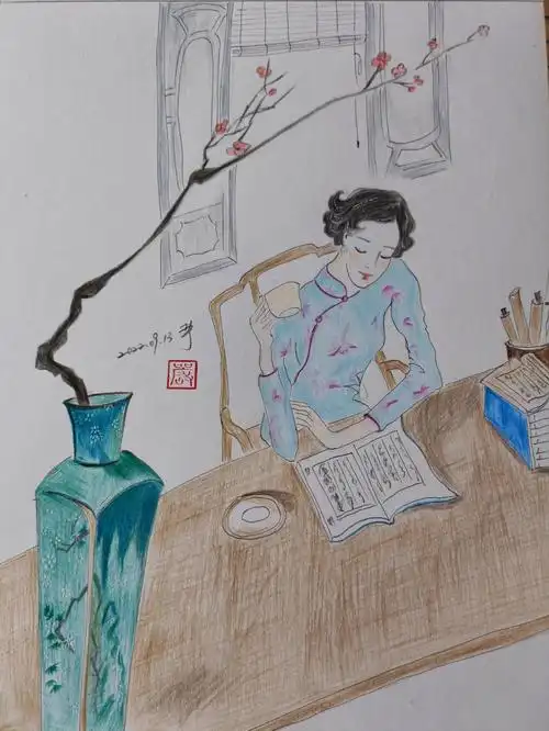 彩铅临摹旗袍民国风