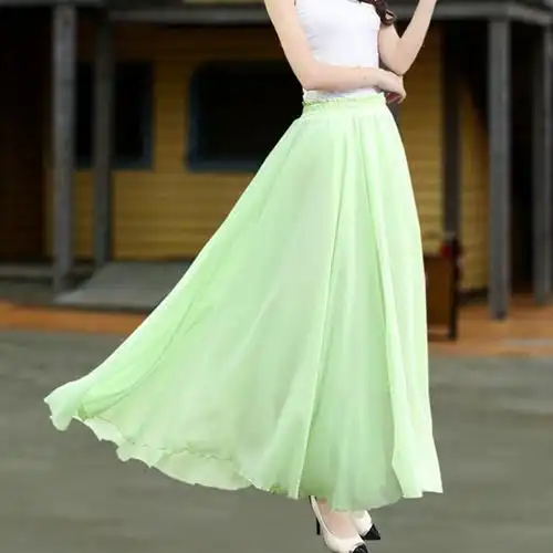 新款仙女大摆飘逸半身裙大码长裙雪纺胖mm裙子纯色百褶小清新夏裙