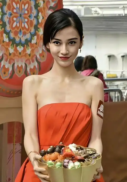 杨颖时尚壁画身着软筒红色长裙,犹如阳光下的红玉光芒四射