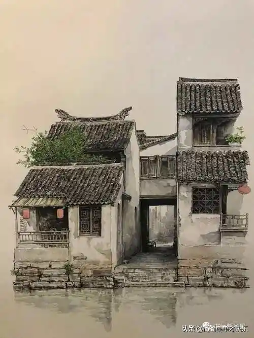 钢笔画:江南古镇绘画作者/马小伟