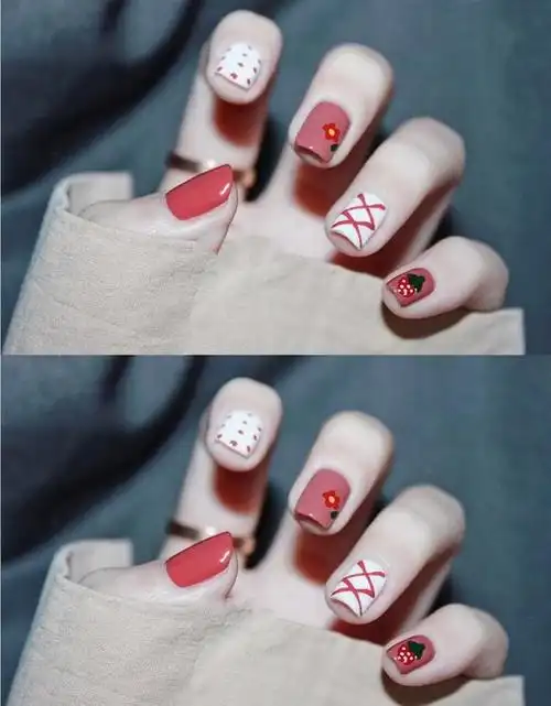 的美甲款式,美甲上面主要颜色由白色,柚子色组合而成,指甲上面有波点