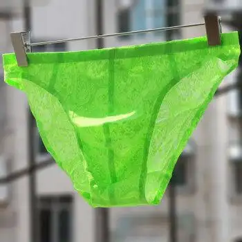 低腰性感无缝内裤 薄潮男透明蕾丝三角裤 浅绿色 m
