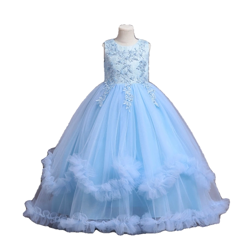 儿童礼服中长礼服裙夏季女童婚纱礼服绣花网纱公主蓬蓬裙表演主持