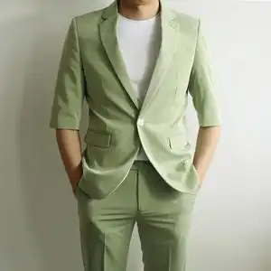 西装套装高级感垂感男白色夏季中袖修身夏天薄款清新绿男士小西服