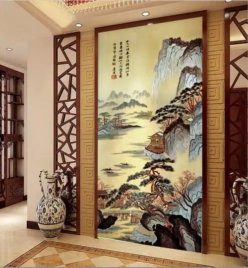 大型壁画水墨画3d立体玄关过道延伸田园风景山水电视背景墙纸壁纸