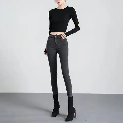 烟灰灰色牛仔裤女高高腰显瘦紧身小脚九分2020牛仔裤