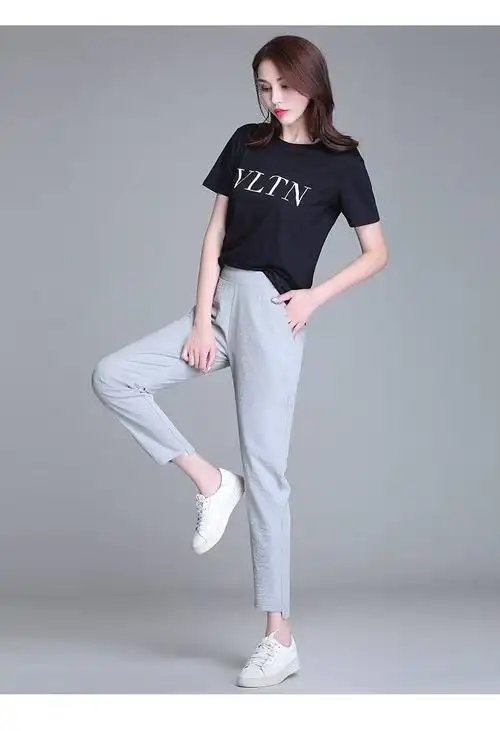 施悦名 仿棉麻哈伦裤子女夏款休闲裤女韩版不对称裤脚中腰九分裤薄款