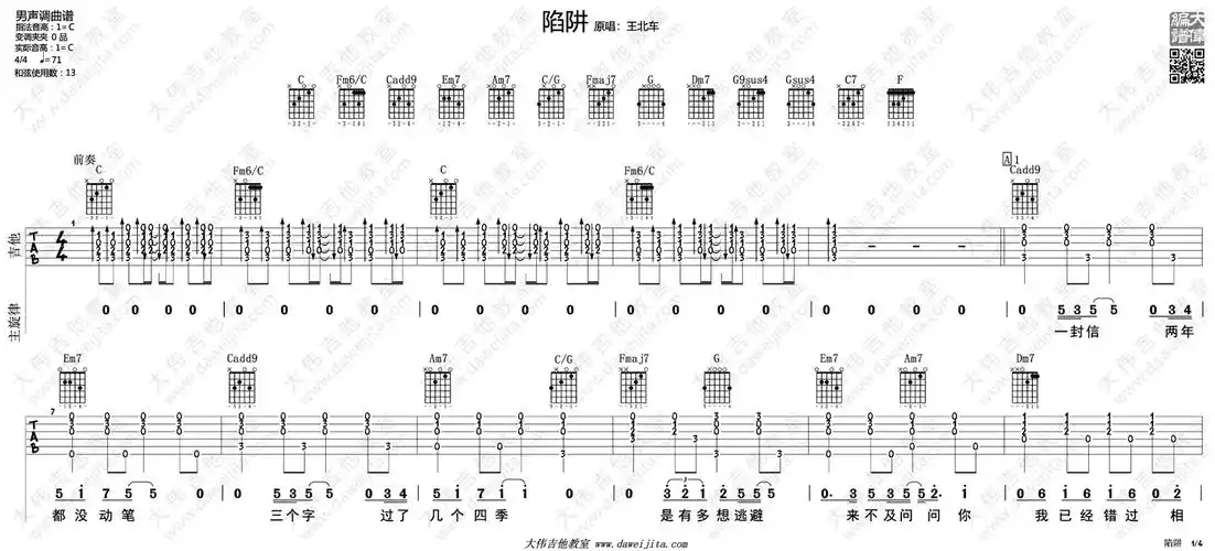 陷阱吉他谱1-王北车-c调指法