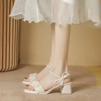 kulla蝴蝶结女士凉鞋女夏2024夏季珍珠褶皱一字带高跟凉鞋时尚粗跟