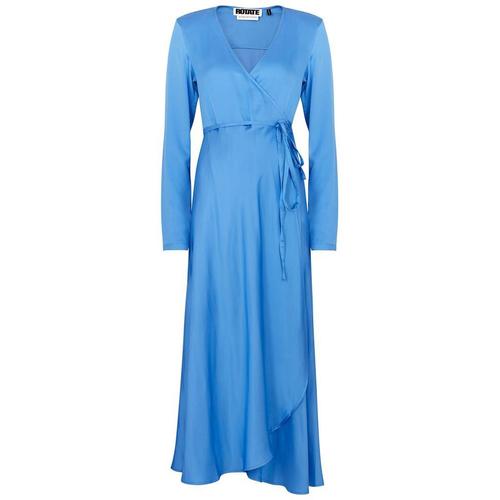 rotate birger christensen女款淡蓝色v领连衣裙|magna blue satin