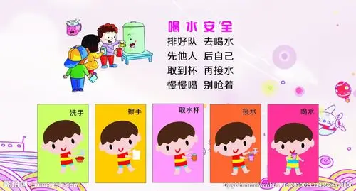 老师给小朋友们讲述饮水的注意事项:排好队,去接水,不推不挤不打闹.