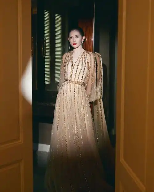 久违露面的谢娜大变样,香槟色长裙大红唇,搞笑女变身霸气御姐|礼服裙