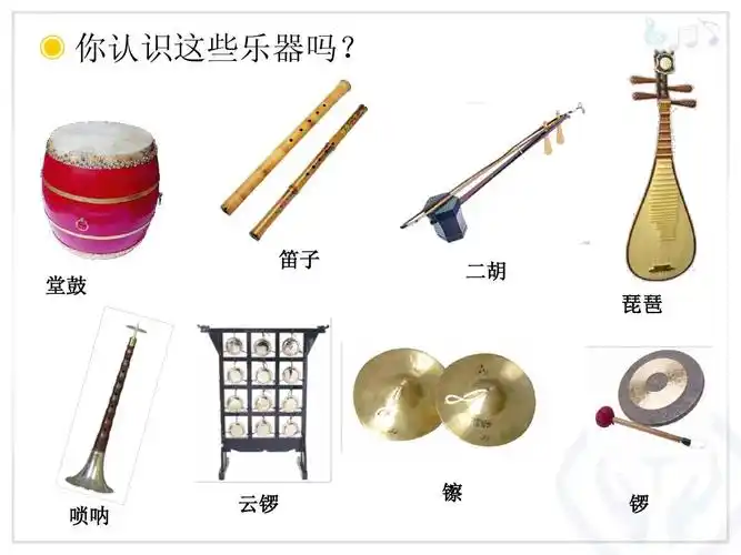 你认识这些乐器吗? 笛子 堂鼓 二胡 琵琶 唢呐 云锣 镲 锣